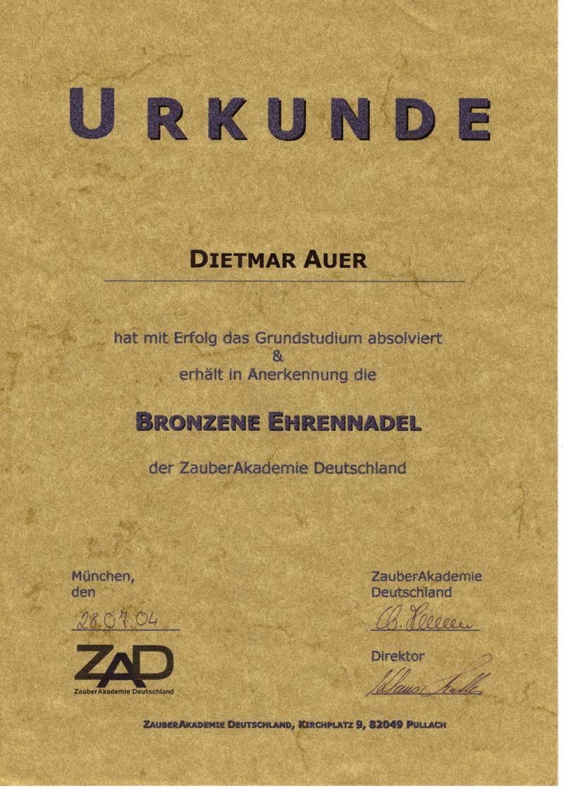 Urkunde Zauberschule, bronzene Ehrennadel